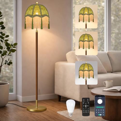 Image of AHDWDW Gold Vintage Floor Lamp for Living Room Bedroom,Victorian Floor Lamps with Remote,Wood Standing Tall Lamp with Green Tassels Velvet Lampshade,Fringe Dimmable Floor Lamp for Corner Reading Decor
