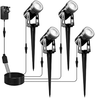 NATPOW Garden Lights Mains Powered, 12W LED Outdoor Landscape Spotlights 4Pack with Adapter, IP65 Waterproof 5V LED Garden Spike Lights for Garden, Lawn, Pathway, Yard (6000K)