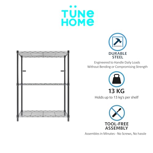 Image of 3-Shelves Wheels Heavy Duty Steel Storage Rack | Multipurpose Shelving Unit for Kitchen, Home & Utility | Black, 3 Shelves Wheels