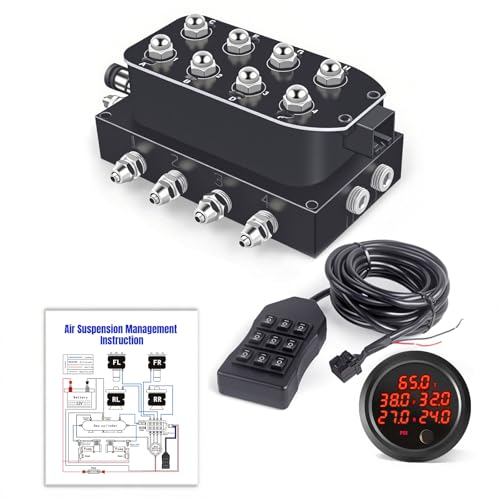 CNWZYMX 12V Air Management featuring 8-Valve Air Ride Suspension Manifold, with 16.5FT switch Wired Remote Controller and Five-Way Red Display Air Pressure Gauges