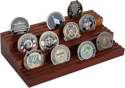 SlenyuBridal Challenge Coin Display Stand,Three-Tier Coin Rack Military Coins Display Holders Shelves,Wooden Army Collectible Coins Holder Case Holds 45-50 Coins Vacation Present