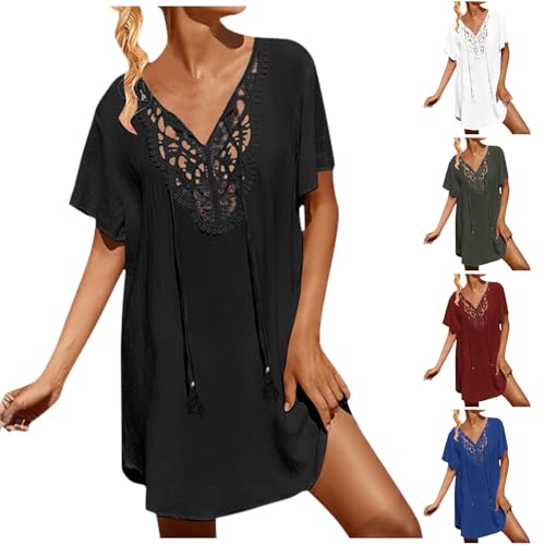 Generisch Damen Strandkleid Spitze Strandtunika V Ausschnitt Kurz Sommer Strandponcho Bikini Cover Up Komfort