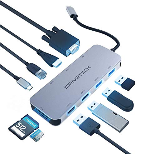 USB C Hub Multiport Adapter - iDriveTech 10 in 1. 4x USB Ports, HDMI and VGA ports, SD/TF Card Reader, Gigabit Ethernet port, USB-C port. Compatible MacBook Pro and more Type C Devices (Thunderbolt 3)