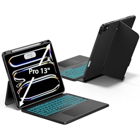 JUQITECH iPad Pro 13 Inch Case with Keyboard M4 2024, iPad Pro 13 Keyboard Case Wireless Backlight Multi-Touch Trackpad Keyboard Magnetic Portrait Kickstand Detachable Soft Case with Pencil Holder Cover