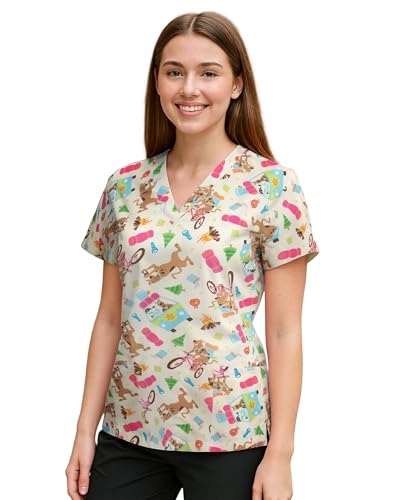 COCO BRANDS Womens Scrub Tops - Scooby-Doo Short Sleeve V-Neck Medical Uniform Scrubs for Women (Sizes: S-XXL), Size X-Large, Camping/Yellow