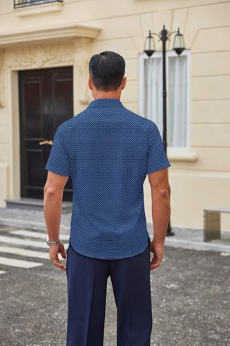 Coofandymens Button Down Short Sleeve Shirt Wrinkle Free Polka Dot Print Shirt No Tuck Casual Shirt #TOP14