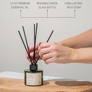 Craft & Kin Santal Woods Reed Diffuser | All Natural Essential Oil & Rattan Scent Sticks | Reed Diffusers for Home, Bathroom | Long Lasting Home Fragrance in Green Glass, 3.4oz Craft Kin Santal Woods Reed Diffuser All Natural Essential Oil Rattan Scent Sticks Reed Diffusers for Home Bathroom Long Lasting Home Fragrance in Green Glass 34oz
