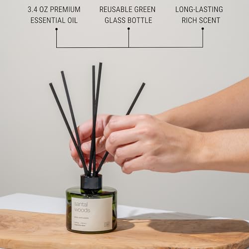 Craft-Kin-Santal-Woods-Reed-Diffuser-All-Natural-Essential-Oil-Rattan-Scent-Sticks-Reed-Diffusers-for-Home-Bathroom-Long-Lasting-Home-Fragrance-in-Green-Glass-34oz Craft Kin Santal Woods Reed Diffuser All Natural Essential Oil Rattan Scent Sticks Reed Diffusers for Home Bathroom Long Lasting Home Fragrance in Green Glass 34oz