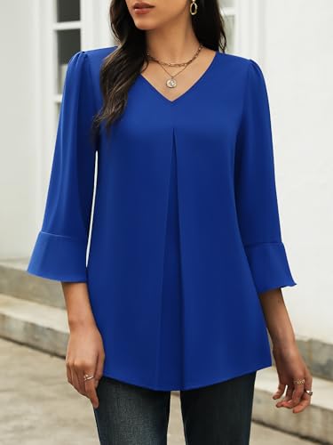 Funlingo Womens 3/4 Length Sleeve Tops Dressy Casual V Neck Business Chiffon Blouses Pleated Trendy Work Shirts2