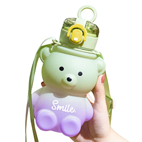 CeFurisy Botella de agua portátil con diseño de oso Kawaii, con degradado de color, bonita jarra de agua sin BPA, con pajita, a prueba de fugas, para viajes