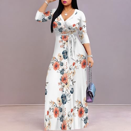 Image of PinkPatty Women's Plus Size Maxi Dresses Casual Flowy 3 /4 Sleeves Dress Printed Vacation Dress for Daily Wear with Belt