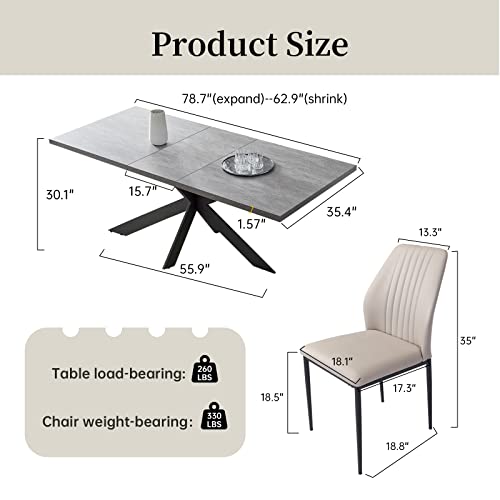 Zckycine 6-8 People Modern Dining Table Rectangular Kitchen Dining Table Space-Saving Expandable Dining Table Metal Frame (Gray Table + 6 Beige Chairs) #TOP1