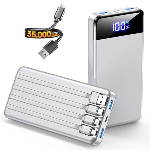 Image of Portable Charger 35000mAh Power Bank - Powerbank with 4 Built in Cables, 22.5W Fast Charging Travel Camping Essential Battery Pack Compatible with iPhone 17 16 15 14 13 Samsung Google, 1 Pack, Silver
