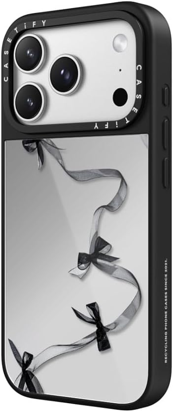 CASETiFY Metallic Glaze iPhone 17 Pro Max Case [Scratch-Resistant/Reflective/Glossy Finish / 4.9 ft. Drop Protection/Magsafe] - Black Organza Ribbons - Silver On Black