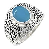 JEWELSTREZORO Anillo de plata de ley 925 maciza con gema de Calcedonia azul hecho a mano para hombres y mujeres joya TSR1172CF22_68 (21.6)