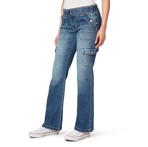 WallFlower Women's Feisty Curvy Cargo Flare Low Rise Belted Insta Stretch Juniors Pants