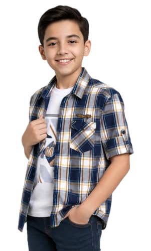 Image of CAVIO Boys Checkered Casual Dark Blue Regular Fit Shirt | Pack of 1 | I580028-P