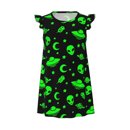Flutter Sleeve Nightgown Pajama Gown Alien Spaceships Planet Green Easy Pull-On Sleepwear Nightdress