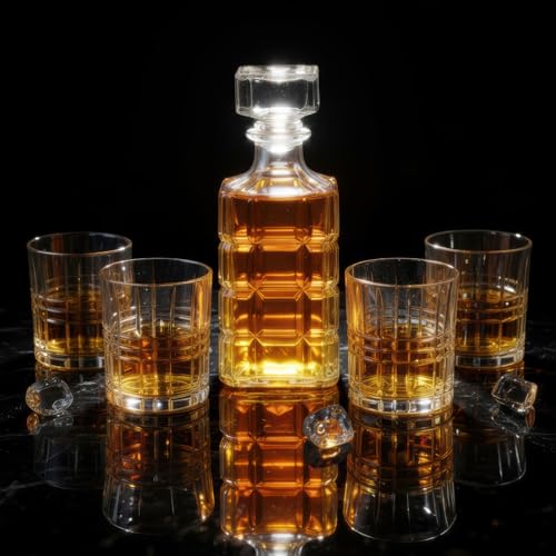 Lot de carafe à whisky 900 ml - 4 verres de 300 ml - Ensemble élégant en verre transparent - Ensemble bouteille et verre pour les amateurs - Idée cadeau pour hommes et femmes - Élégante bouteille de