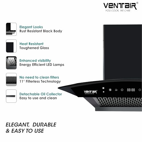 Image of Ventair 60 cm BLDC 1500 m3 /hr Filterless Autoclean Silent Kitchen Chimney (Auto Prince, BLDC Motor, 9 Speed Motion Sensor & Touch Control, Wall Mount, Curved Glass, Black, Made in India)