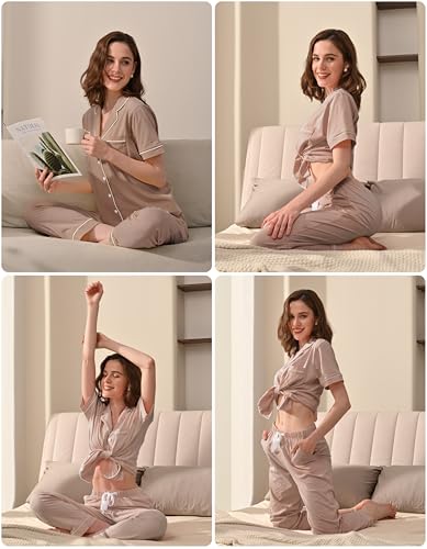 Image of NAP BOUND 100% Cotton Women Pajama Sets Button Down Short Sleeve Sleepwear Soft Pjs 2 Piece Lounge Set with Pocket XS-XXL