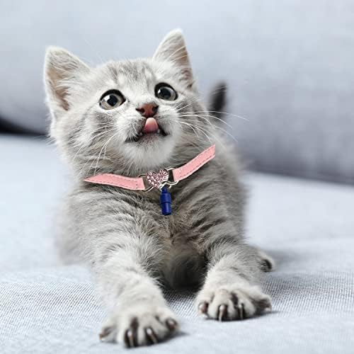 2pcs Adjustable Collars, Pet Collar, heart shape Kitten Collar, Kitten Collars with Bells, with 2 Pet Pendants for Kittens, Puppies and Other Small Pets (Pink, Blue)
