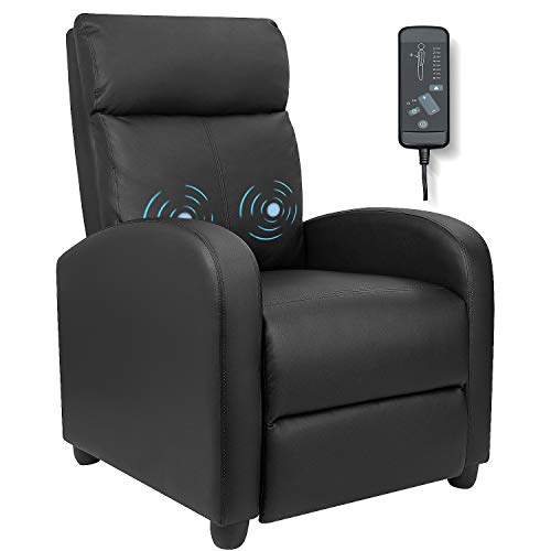 Furniwell Recliner Chair Massage Home Theater Seating Wing Back Pu Leather Modern Single Living Room Reclining Sofa with Footrest (Black)