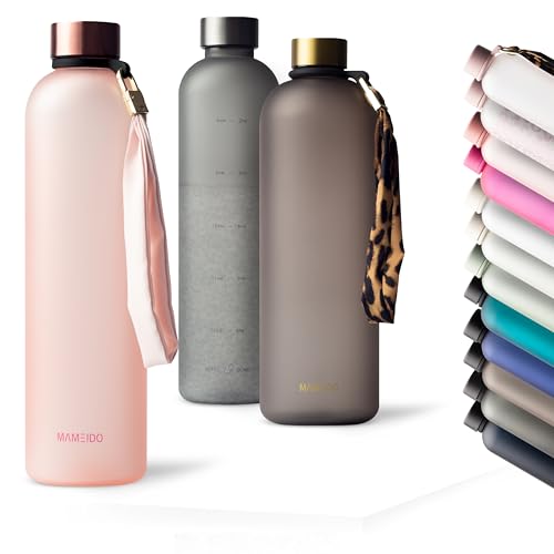 MAMEIDO Trinkflasche 1 l Kohlensäure geeignet, auslaufsichere Water Bottle mit Zeitmarkierung, Wasserflasche BPA frei für Sport, Gym & Büro (Flamingo Pink)