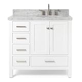 ARIEL 37" Inch Right Offset Bathroom Vanity in White with 1.5" Inch Edge Carrara White Marble Counte