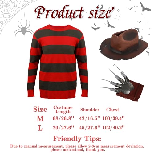 Freddy Costume for Adults 3PCS Sweater Hat Claw Glove Scary Horror Killer Krueger Dress Up Set Red and Green Stripes Jumper Halloween Cosplay Fancy Dress Costume Outfit for Men Women - Image 6