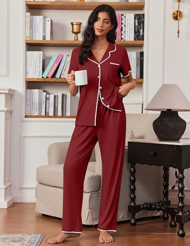 Image of Ekouaer Pajamas for Women Set Button Up Soft Pjs Short Sleeve 2 Piece Lounge Sets Comfy Sleepwear