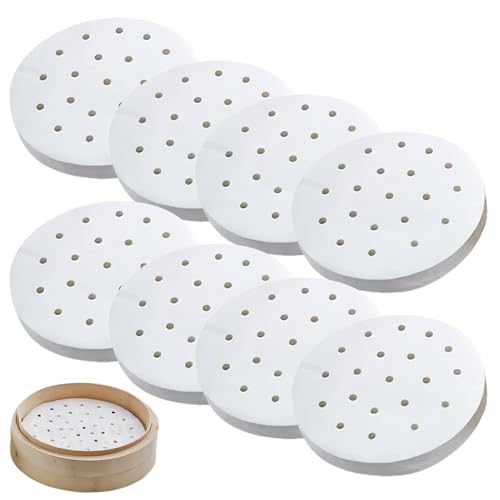 FortuneGlobe 200pcs de papier perforé 18 cm en bambou pour cuisson à la vapeur et à la vapeur，7 Pouces de parchemin antiadhésif comme papier dim sum, Friteuse à air (200pcs 18cm)
