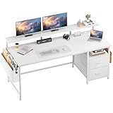 Klyvvo Escritorio con 2 Cajones Ofrecer Espacio de Almacenamiento, 140x48 cm Escritorio Gaming con Soporte para Monitor y 2 Gancho para Auriculares, Adecuado para Teletrabajadores y Gamers, Blanco
