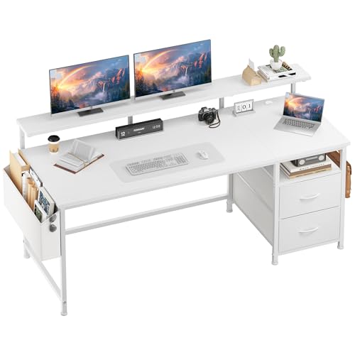 Klyvvo 140 x 48 Bureau avec Rangement 2 Tiroirs et Poche latérale, Bureau avec Support de Moniteur, 2 Crochet pour Casque et Passe-câble Adapté aux Télétravailleurs, Gamers et Designers, Blanc