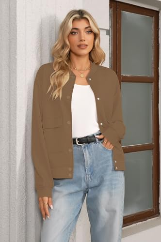 ETCYY NEW Womens Bomber Jackets Fall Winter Trendy Coats Button Down Varsity Jacket with Flap Pockets3