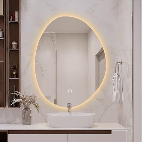 Specchio da parete asimmetrico illuminato a LED, specchio da bagno senza cornice a forma di goccia, 40 x 60 cm/50 x 70 cm/60 x 80 cm/70 x 90 cm, interruttore touch unico, 3 opzioni di illuminazione a