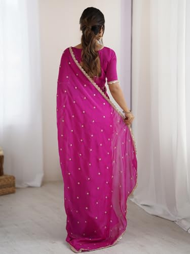 Image of AKHILAM Women's Pure Georgette Embroidered Saree With Unstitched Blouse Piece