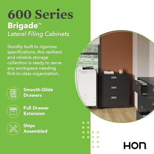 HON 3 Drawer Lateral File Cabinet with Lock, Metal Filing Cabinets for Offices, Adjustable Hangrails for A4, Legal, Letter Files, 18" Deep, Black