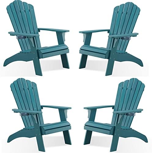 Psilvam Adirondack Chair, Oversized Poly Lumber Fire Pit Chair with Cup Holder, 350Lbs Support Patio Chairs for Garden, Weather Resistant Outdoors Seating, Relaxing Gift for Father & Mother (4, Blue)