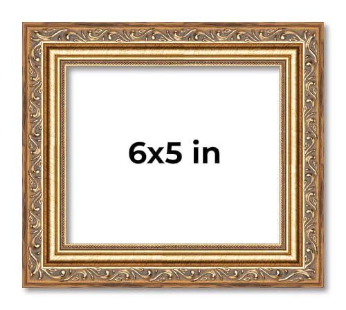 Poster Palooza 6x5 Inch Traditional Antique Gold Complete Wood Picture Frame with UV Acrylic Plexiglass, Foam Board Backing & Hardware Included - 6x5 Inch Frame