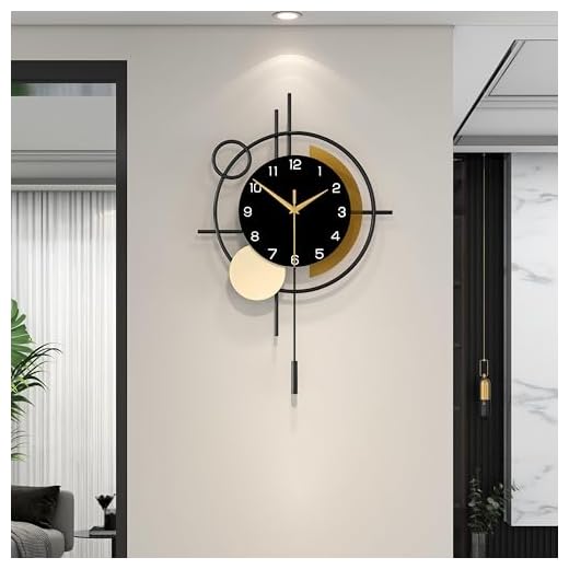 Wall Clock for Living Room Decor Decorative Wall Clock with Pendulum Silent Quartz Battery Operated Black Metal Large Clock for Dining Room,Kitchen,Home,Bathroom,Bedroom,13.8x21.3 in