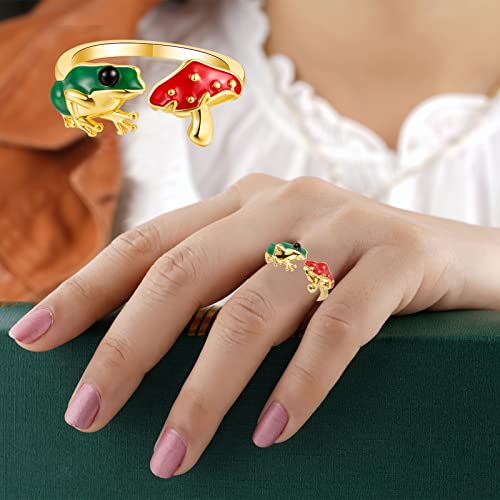 Green Frog Red Mushroom Open-Rings For Women-Girls - Gold / Silver Plated Cute Colorful Frog Mushroom Aesthetics Jewelry For Birthday/New Year/Christmas Gifts, Adjustable Size To 6 7 8 9 10 11. (Gold) #TOP3