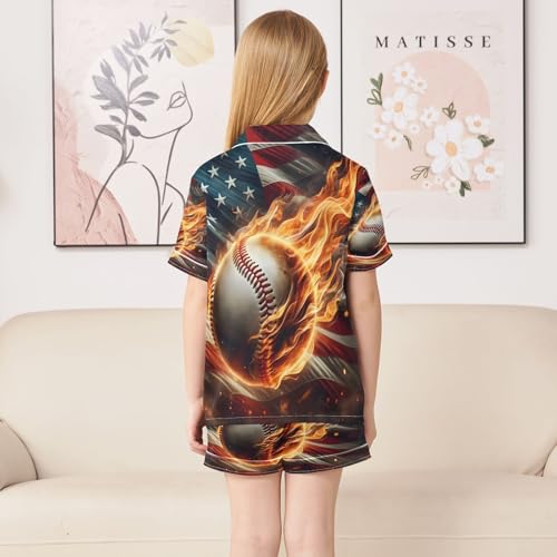 ALAZA American Flag Fire Baseball Satin Pajamas Set Short Sleeve Button Down Sleepwear Summer Pjs 2 Piece4
