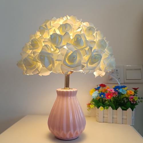 XINYASEE Lámpara de mesa con forma de rosa en forma de paraguas, lámpara de rosa de cerámica, lámpara de mesa creativa para decoración de mesita de noche de dormitorio (Blanco)