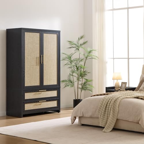 Image of SICOTAS Larger Armoire Wardrobe Closet, 71 inch Tall Rattan Wardrobe Closet Cabinet with Storage and 2 Drawers, Boho Armoire Clothes Organizer with Hanging Rod for Bedroom, Black Oak (2 PCS)