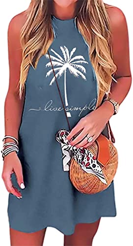 Image of Sun Salt Sand Coconut Tree Mini Dress Women Summer Sleeveless Vacation Tank Dress Beach Praty Shirts Dress