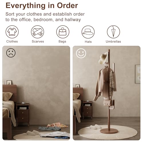 Image of Muwuele Solid Wood Cactus Coat Rack, Freestanding Coat Rack With 6 L-Shaped Hooks and 3 Adjustable Sizes, Coat Tree for Bedroom, Entryway, Livingroom, Coat Hanger Stand for Coats, Handbags (Walnut)