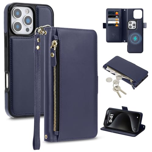 COBEAR for iPhone 15 Pro Max Case Wallet, 2-in-1 Magnetic Detachable, PU Leather, Zipper Pocket, Kickstand, Wrist Strap, Women Men Flip Wallet Case with Card Holder for iPhone 15 Pro Max, Blue