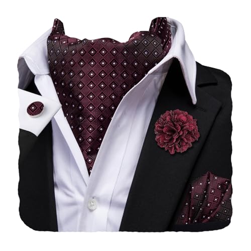 Image of Hi-Tie Silk Ascot for Men Self Tie Men's Cravat and Flower Lapel Pin Handkerchief Cufflinks Set for Wedding Party