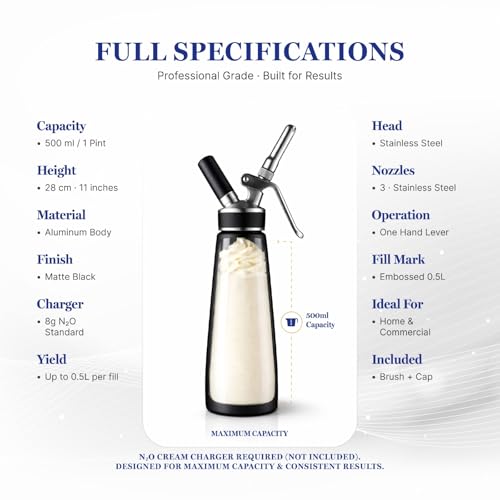 Professional Whipped Cream Dispenser 500ml 1 Pint-Leak Proof Aluminum Cream Whipper Whip Cream Maker & Canister with 3 Stainless Steel Decorating Nozzles & Brush for Coffee Cold Foam Desserts & Mousse by Komokey - Image 5